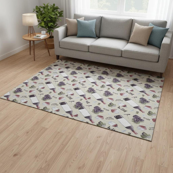 HomeRoots 5' X 8' Stylish Geometric Area Rug in Ivory, Purple & Green - Machine Washable & UV Protected! 645549