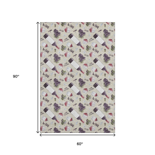 HomeRoots 5' X 8' Stylish Geometric Area Rug in Ivory, Purple & Green - Machine Washable & UV Protected! 645549