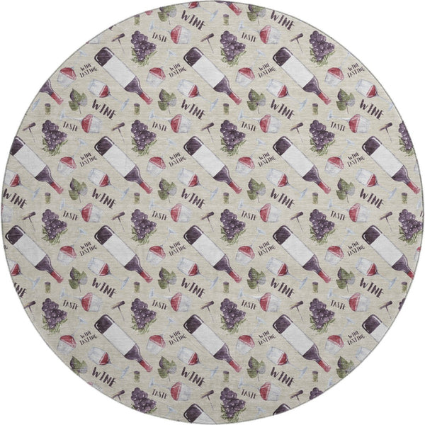HomeRoots 8' Washable Ivory and Purple Geometric Round Rug with UV Protection – Durable, Stylish, Pet-Friendly! 645550