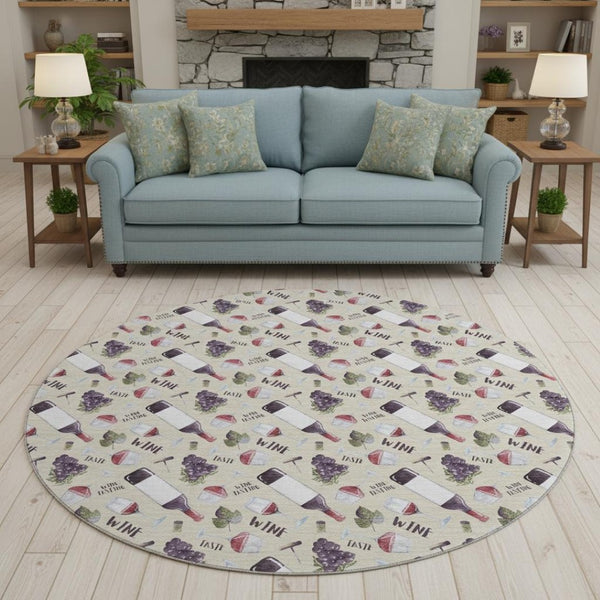 HomeRoots 8' Washable Ivory and Purple Geometric Round Rug with UV Protection – Durable, Stylish, Pet-Friendly! 645550