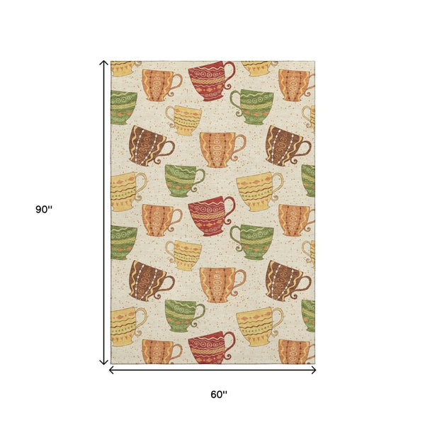 HomeRoots 5' X 8' Washable Geometric Area Rug in Ivory, Orange & Green with UV Protection for Easy Care 645555