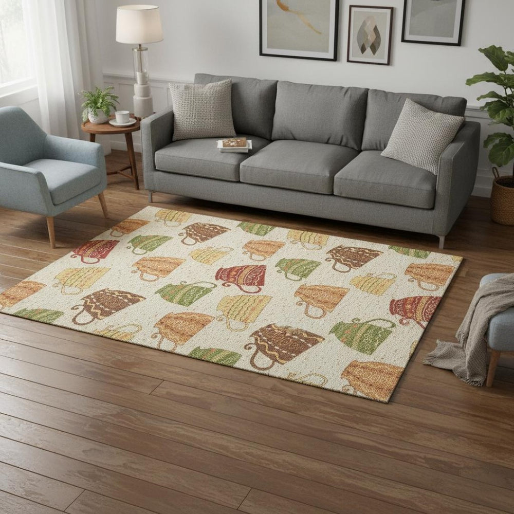 HomeRoots 5' X 8' Washable Geometric Area Rug in Ivory, Orange & Green with UV Protection for Easy Care 645555