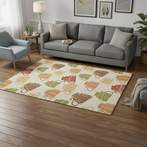 HomeRoots 5' X 8' Washable Geometric Area Rug in Ivory, Orange & Green with UV Protection for Easy Care 645555