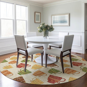 HomeRoots 8' Washable Round Rug in Ivory, Orange & Green Geometric Design - UV Protected, Stain Resistant Comfort 645556