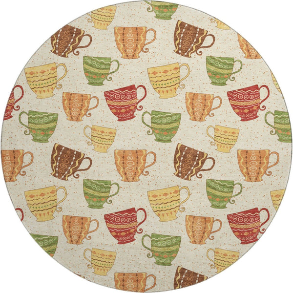 HomeRoots 8' Washable Round Rug in Ivory, Orange & Green Geometric Design - UV Protected, Stain Resistant Comfort 645556