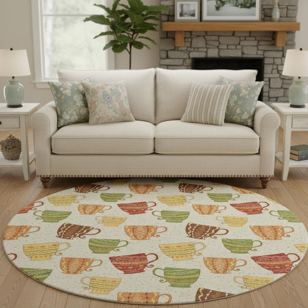 HomeRoots 8' Washable Round Rug in Ivory, Orange & Green Geometric Design - UV Protected, Stain Resistant Comfort 645556