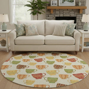 HomeRoots 8' Washable Round Rug in Ivory, Orange & Green Geometric Design - UV Protected, Stain Resistant Comfort 645556