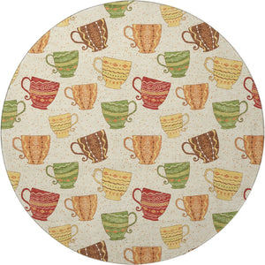 HomeRoots 8' Washable Round Rug in Ivory, Orange & Green Geometric Design - UV Protected, Stain Resistant Comfort 645556