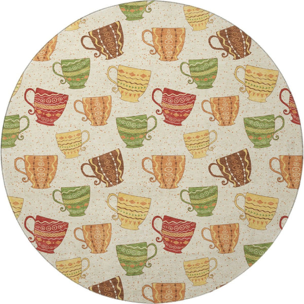 HomeRoots 8' Washable Round Rug in Ivory, Orange & Green Geometric Design - UV Protected, Stain Resistant Comfort 645556
