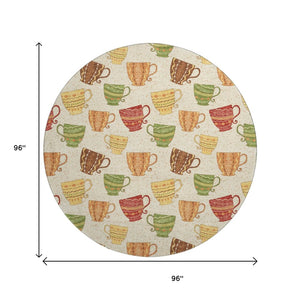 HomeRoots 8' Washable Round Rug in Ivory, Orange & Green Geometric Design - UV Protected, Stain Resistant Comfort 645556