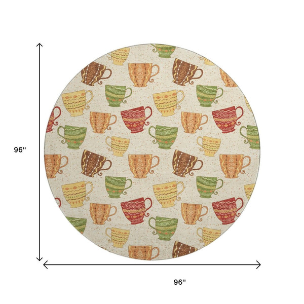 HomeRoots 8' Washable Round Rug in Ivory, Orange & Green Geometric Design - UV Protected, Stain Resistant Comfort 645556