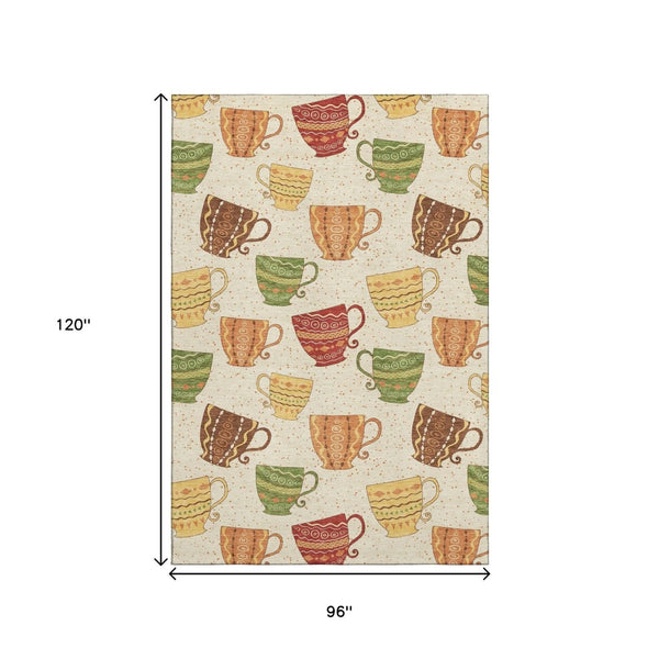 HomeRoots 8' X 10' Geometric Area Rug in Ivory, Orange & Green - Washable, UV Protected, Perfect for Homes 645557