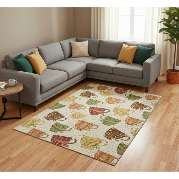HomeRoots 8' X 10' Geometric Area Rug in Ivory, Orange & Green - Washable, UV Protected, Perfect for Homes 645557