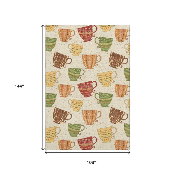 HomeRoots 9' X 12' Washable Area Rug in Ivory, Orange, and Green - Durable Geometric Design with UV Protection 645558
