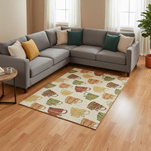 HomeRoots 9' X 12' Washable Area Rug in Ivory, Orange, and Green - Durable Geometric Design with UV Protection 645558
