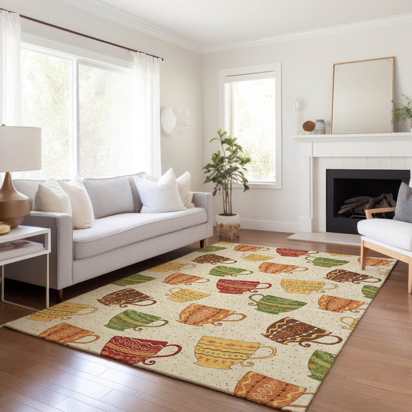 HomeRoots 9' X 12' Washable Area Rug in Ivory, Orange, and Green - Durable Geometric Design with UV Protection 645558