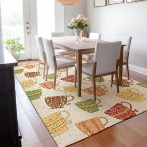 HomeRoots 9' X 12' Washable Area Rug in Ivory, Orange, and Green - Durable Geometric Design with UV Protection 645558