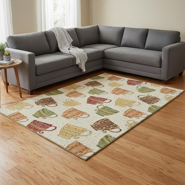 HomeRoots 10' Stylish Ivory Orange Green Geometric Washable Area Rug with UV Protection for Busy Homes 645559