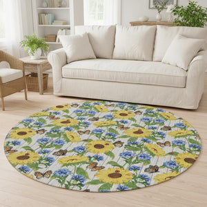 HomeRoots 8' Vibrant Yellow Green Blue Geometric Washable Round Rug with UV Protection for Homes & Outdoors 645562