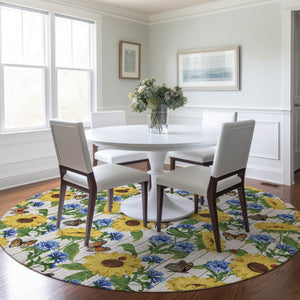 HomeRoots 8' Vibrant Yellow Green Blue Geometric Washable Round Rug with UV Protection for Homes & Outdoors 645562