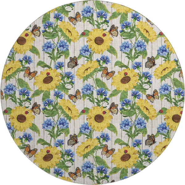 HomeRoots 8' Vibrant Yellow Green Blue Geometric Washable Round Rug with UV Protection for Homes & Outdoors 645562