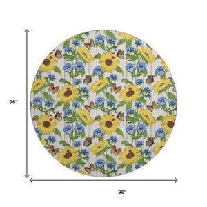 HomeRoots 8' Vibrant Yellow Green Blue Geometric Washable Round Rug with UV Protection for Homes & Outdoors 645562