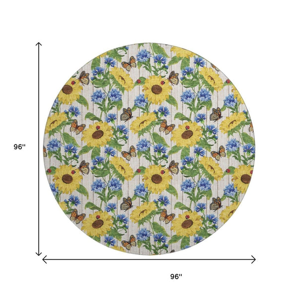 HomeRoots 8' Vibrant Yellow Green Blue Geometric Washable Round Rug with UV Protection for Homes & Outdoors 645562