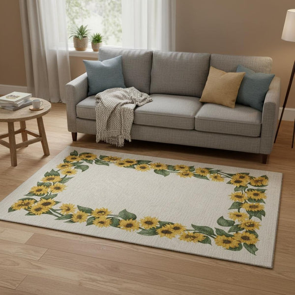 HomeRoots 5' Washable Geometric Area Rug in Yellow-Green & Ivory – Durable, Stain Resistant with UV Protection! 645567