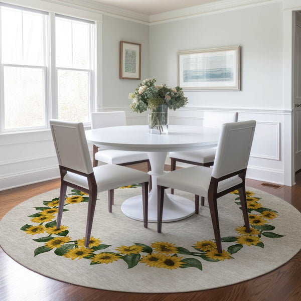 HomeRoots 8' Washable Round Rug in Bright Yellow, Green & Ivory Geometric Design - UV Protected & Easy Care 645568