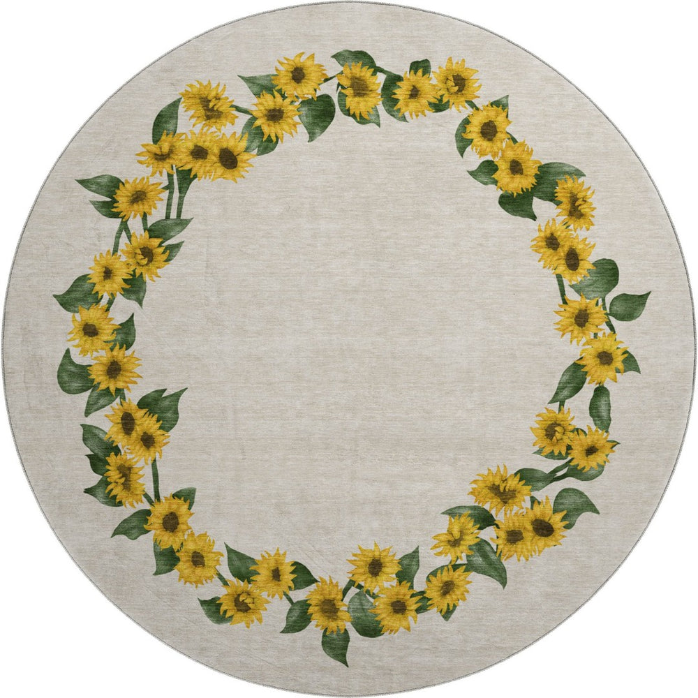 HomeRoots 8' Washable Round Rug in Bright Yellow, Green & Ivory Geometric Design - UV Protected & Easy Care 645568
