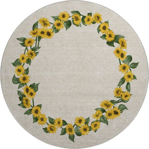 HomeRoots 8' Washable Round Rug in Bright Yellow, Green & Ivory Geometric Design - UV Protected & Easy Care 645568