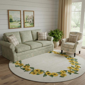 HomeRoots 8' Washable Round Rug in Bright Yellow, Green & Ivory Geometric Design - UV Protected & Easy Care 645568