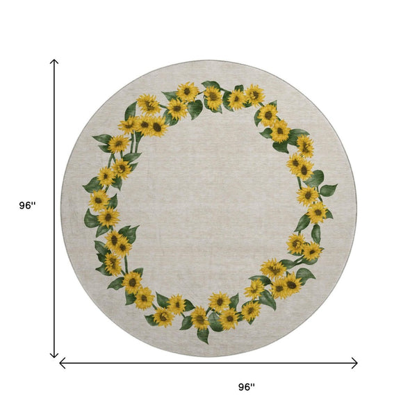 HomeRoots 8' Washable Round Rug in Bright Yellow, Green & Ivory Geometric Design - UV Protected & Easy Care 645568