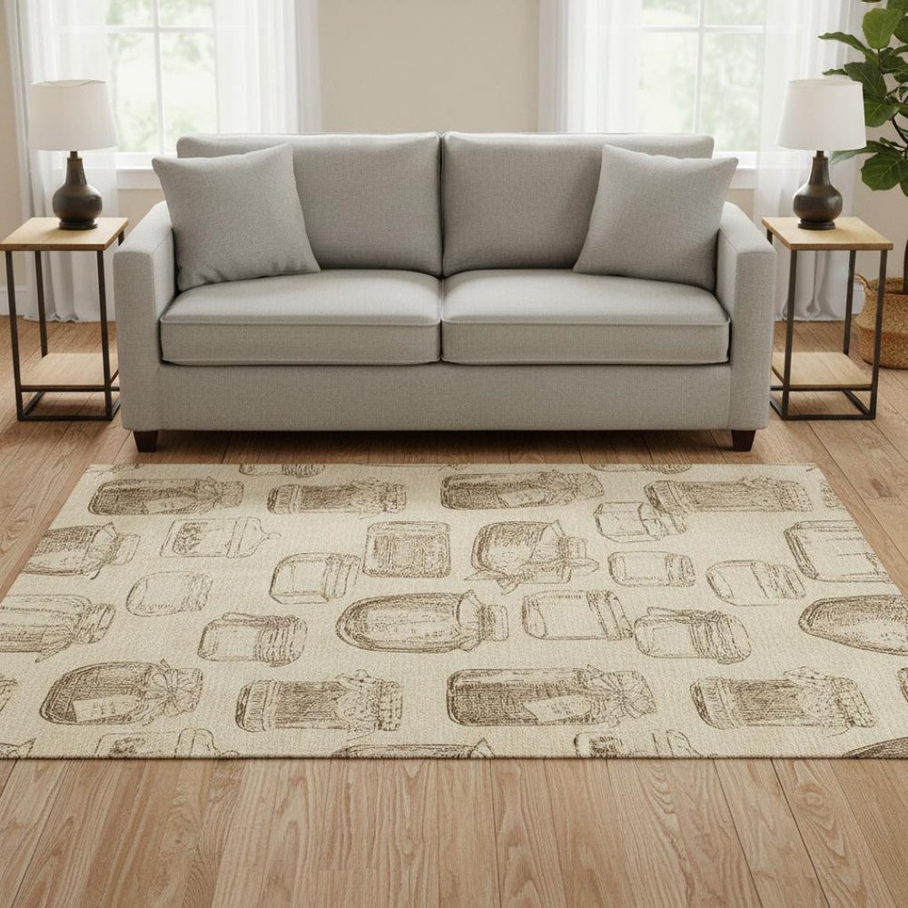 HomeRoots 5' X 8' Beige and Brown Geometric Area Rug - Stylish, Washable, UV-Protected, Pet-Friendly Design! 645573
