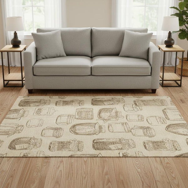 HomeRoots 5' X 8' Beige and Brown Geometric Area Rug - Stylish, Washable, UV-Protected, Pet-Friendly Design! 645573