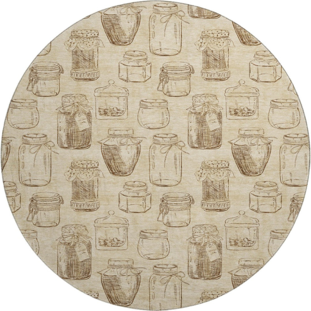 HomeRoots 8' Beige and Brown Geometric Washable Round Rug - Durable, UV-Protected, Ideal for Busy Homes 645574