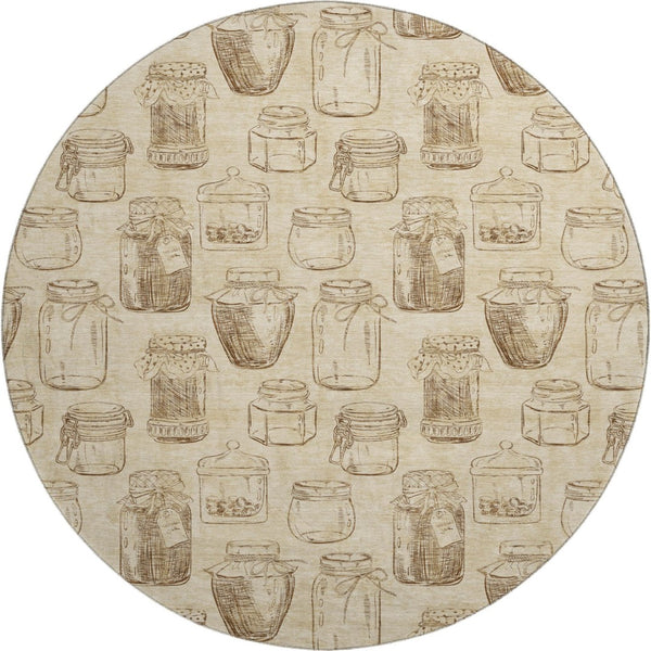 HomeRoots 8' Beige and Brown Geometric Washable Round Rug - Durable, UV-Protected, Ideal for Busy Homes 645574