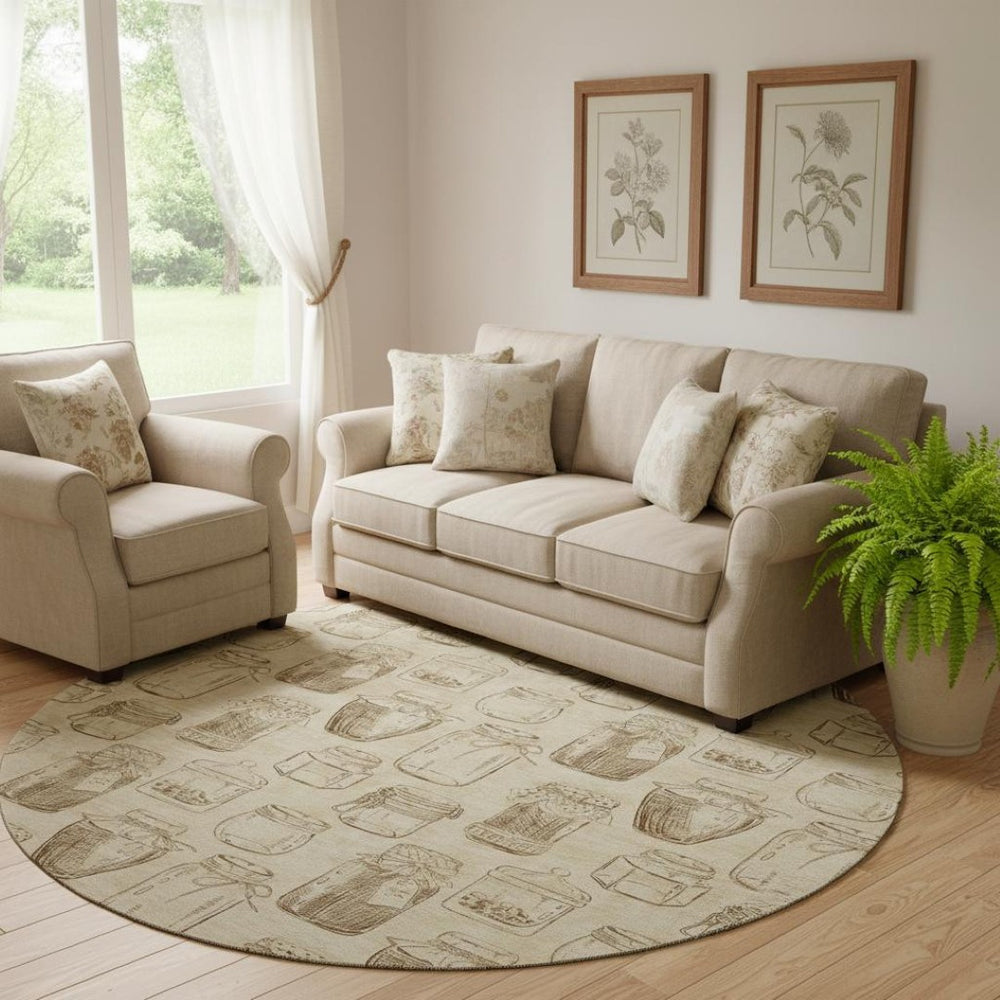 HomeRoots 8' Beige and Brown Geometric Washable Round Rug - Durable, UV-Protected, Ideal for Busy Homes 645574