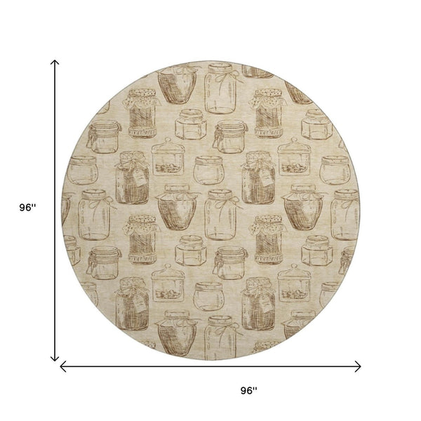 HomeRoots 8' Beige and Brown Geometric Washable Round Rug - Durable, UV-Protected, Ideal for Busy Homes 645574