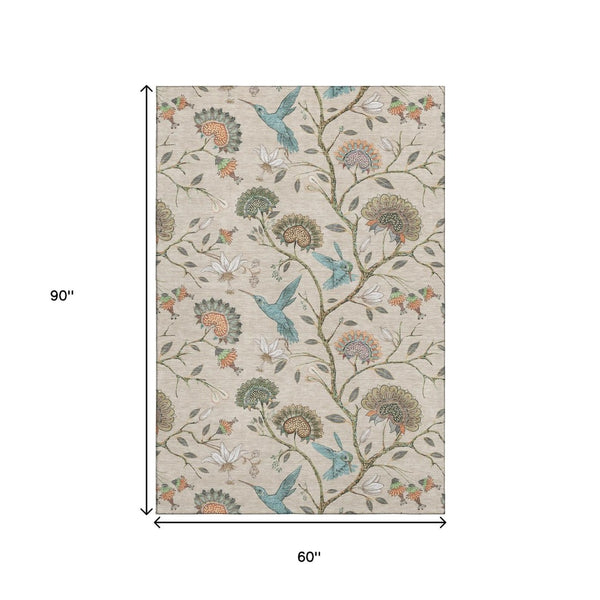 HomeRoots 5' X 8' Geometric Washable Area Rug in Beige, Blue & Peach – UV Protected & Kid-Friendly Design! 645579