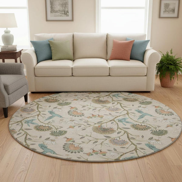 HomeRoots 8' Washable Round Rug in Beige, Blue & Peach Geometric Design - UV Protected, Stain Resistant, Durable 645580