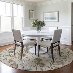 HomeRoots 8' Washable Round Rug in Beige, Blue & Peach Geometric Design - UV Protected, Stain Resistant, Durable 645580