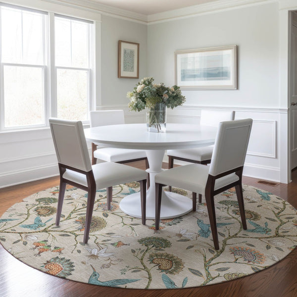 HomeRoots 8' Washable Round Rug in Beige, Blue & Peach Geometric Design - UV Protected, Stain Resistant, Durable 645580