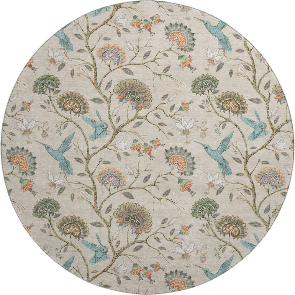 HomeRoots 8' Washable Round Rug in Beige, Blue & Peach Geometric Design - UV Protected, Stain Resistant, Durable 645580