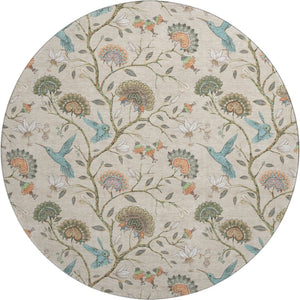 HomeRoots 8' Washable Round Rug in Beige, Blue & Peach Geometric Design - UV Protected, Stain Resistant, Durable 645580