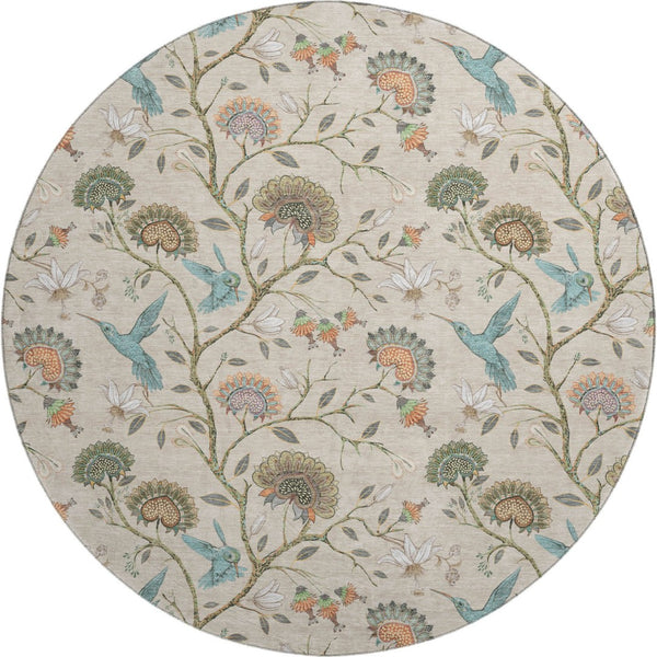 HomeRoots 8' Washable Round Rug in Beige, Blue & Peach Geometric Design - UV Protected, Stain Resistant, Durable 645580