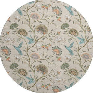 HomeRoots 8' Washable Round Rug in Beige, Blue & Peach Geometric Design - UV Protected, Stain Resistant, Durable 645580