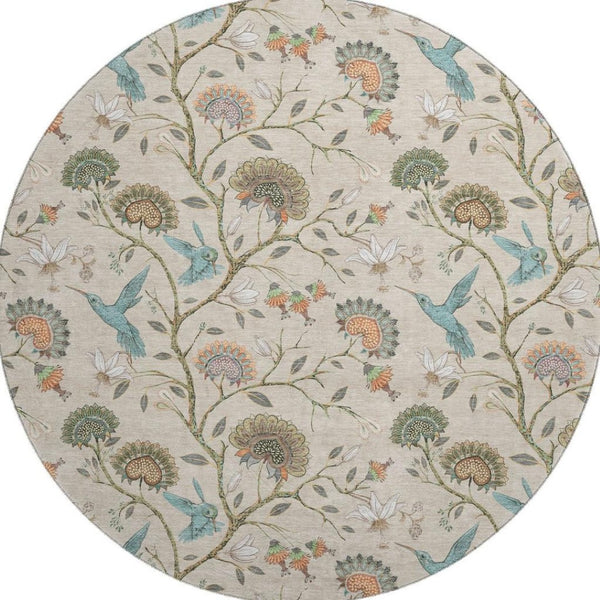 HomeRoots 8' Washable Round Rug in Beige, Blue & Peach Geometric Design - UV Protected, Stain Resistant, Durable 645580
