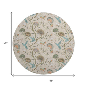 HomeRoots 8' Washable Round Rug in Beige, Blue & Peach Geometric Design - UV Protected, Stain Resistant, Durable 645580