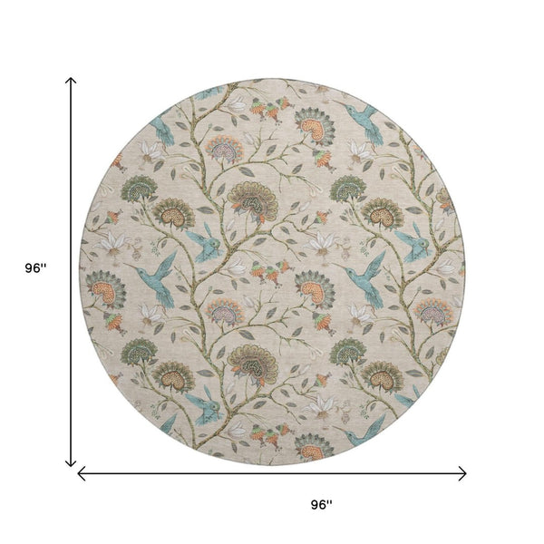 HomeRoots 8' Washable Round Rug in Beige, Blue & Peach Geometric Design - UV Protected, Stain Resistant, Durable 645580
